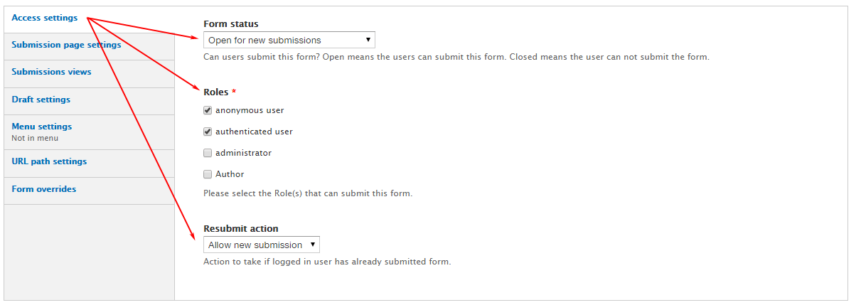 Drupal Entityform Access Settings