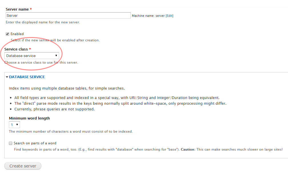 Drupal Search API Create DB Server