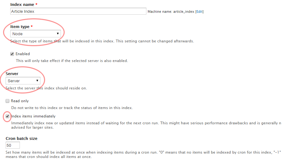 Drupal Search API Index Settings