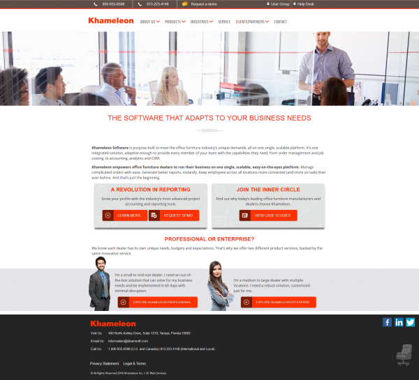 Khameleon Software is purpose-built to meet the office furniture industry’s unique demands, all on one single, scalable platform Khameleon Software is purpose-built to meet the office furniture industry’s unique demands, all on one single, scalable platform
